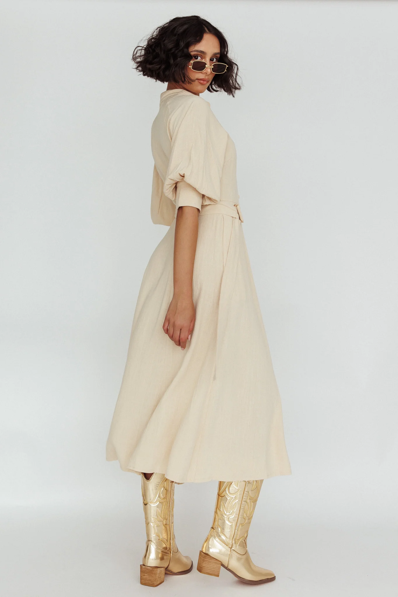 Mallory Belted Waist Lantern Sleeve Midi Dress Beige - Sonourner