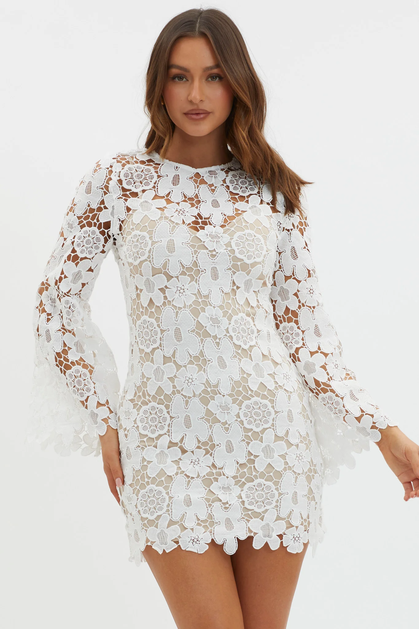 Reinhart Flared Sleeve Crochet Lace Dress White - Sonourner
