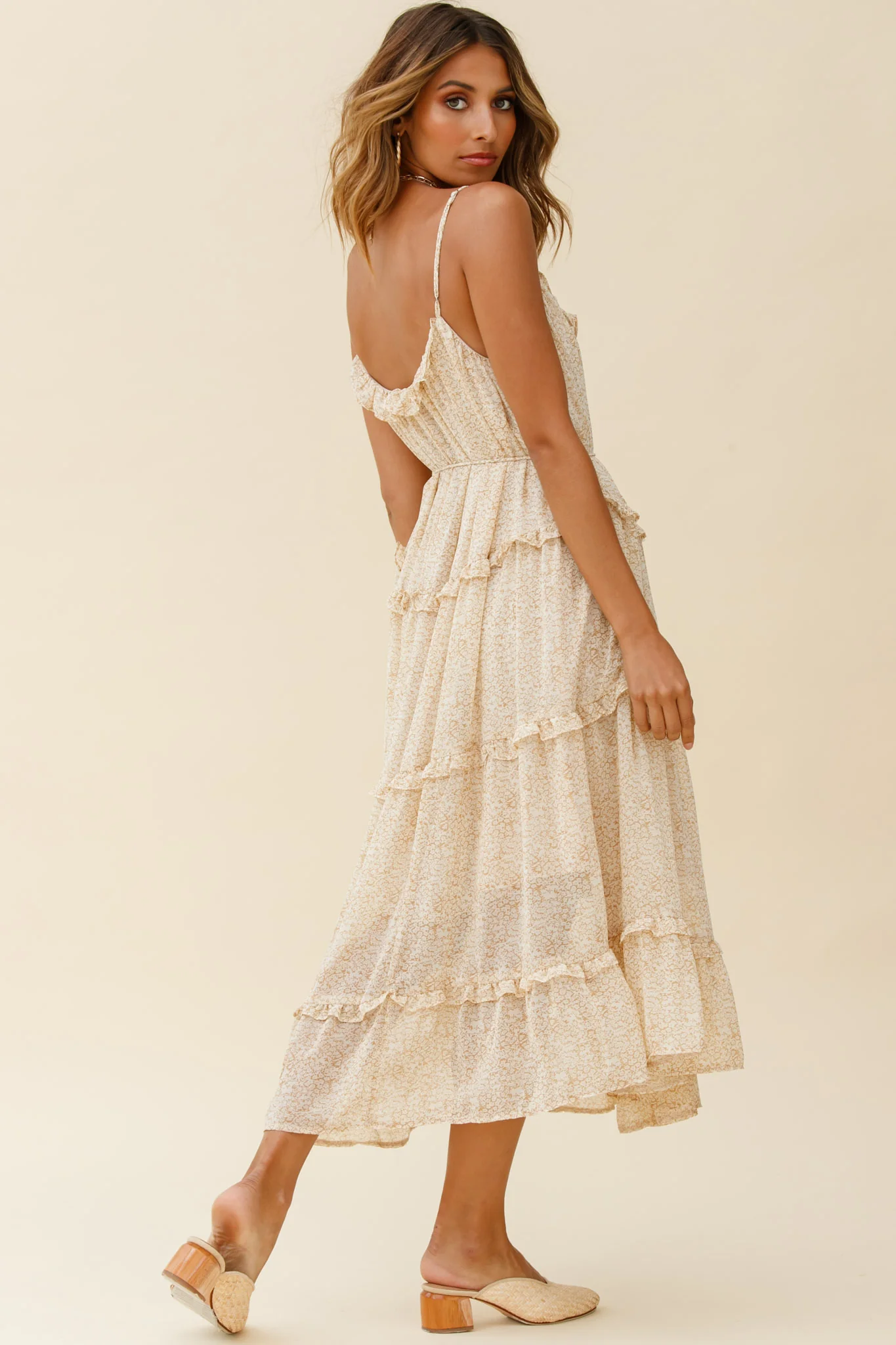 Daybreak Frill Trim String Tie Waist Midi Dress Floral Print Beige - Sonourner