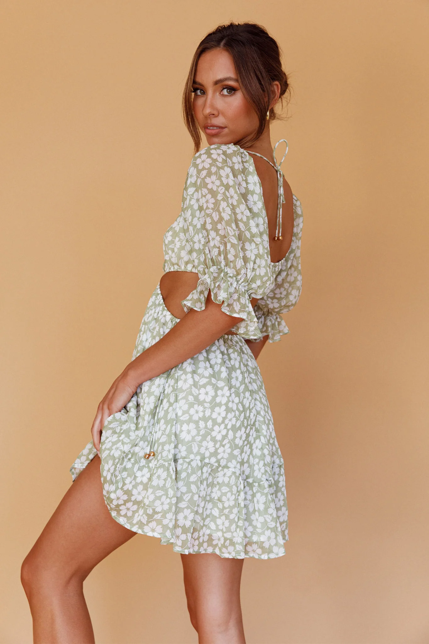 Fancy Free Puff Sleeve Cut-Out Dress Floral Green - Sonourner