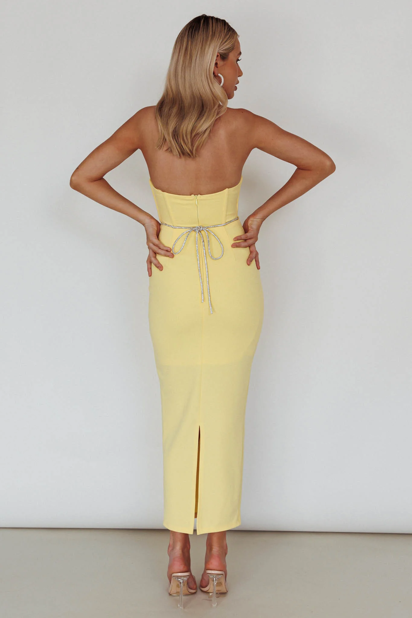 Nohemi Strapless Diamante Midi Dress Yellow - Sonourner