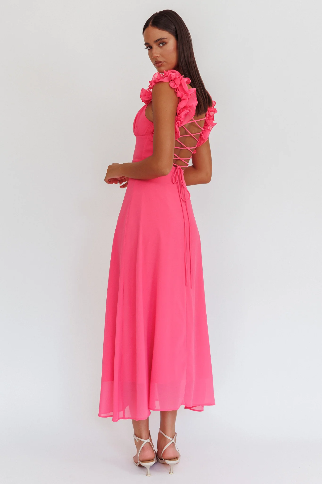 Eloquent Lace-Up Back Maxi Dress Hot Pink - Sonourner