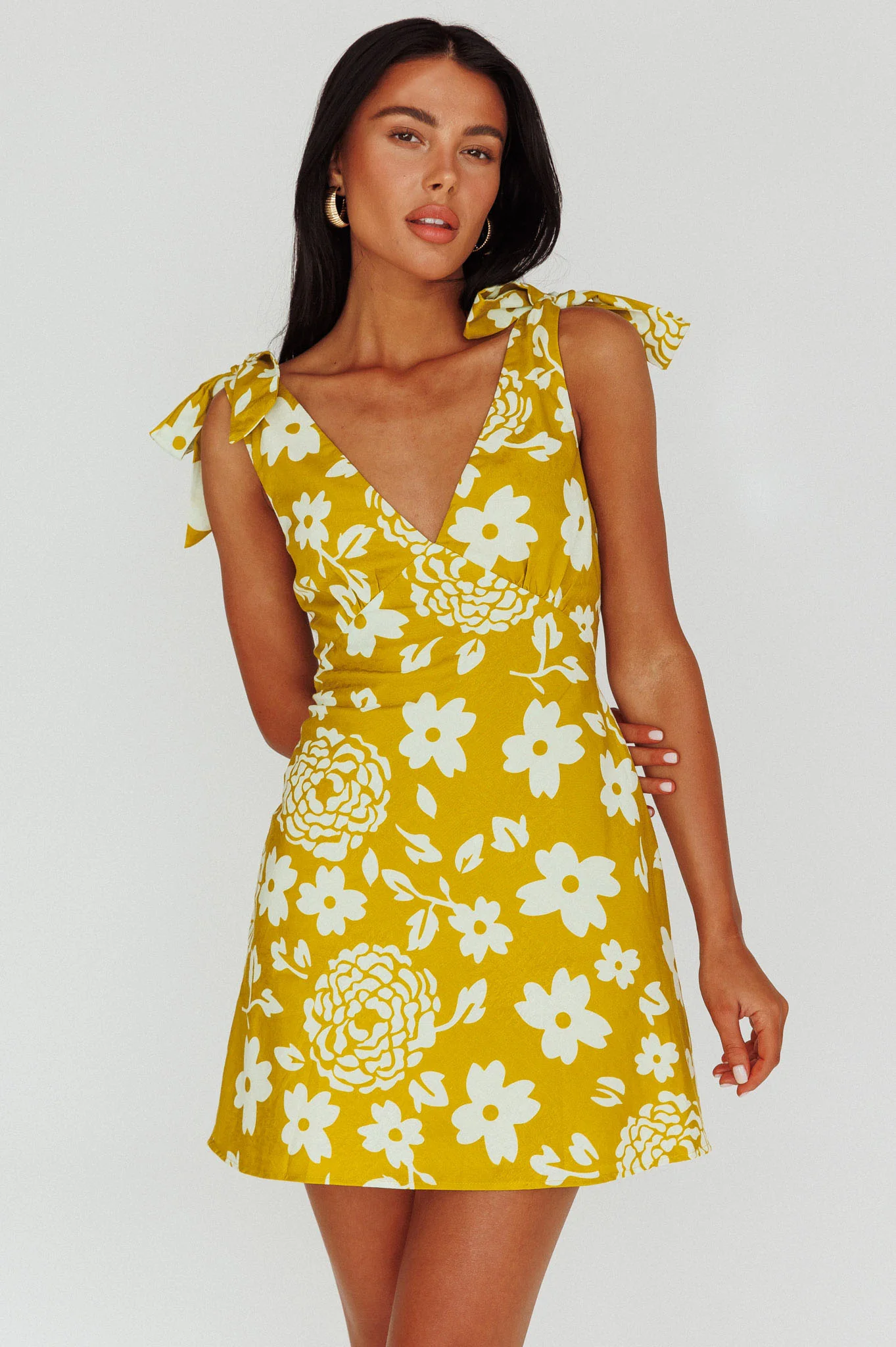 Mykonos Morning Tied Shoulder Mini Dress Floral Tan - Sonourner