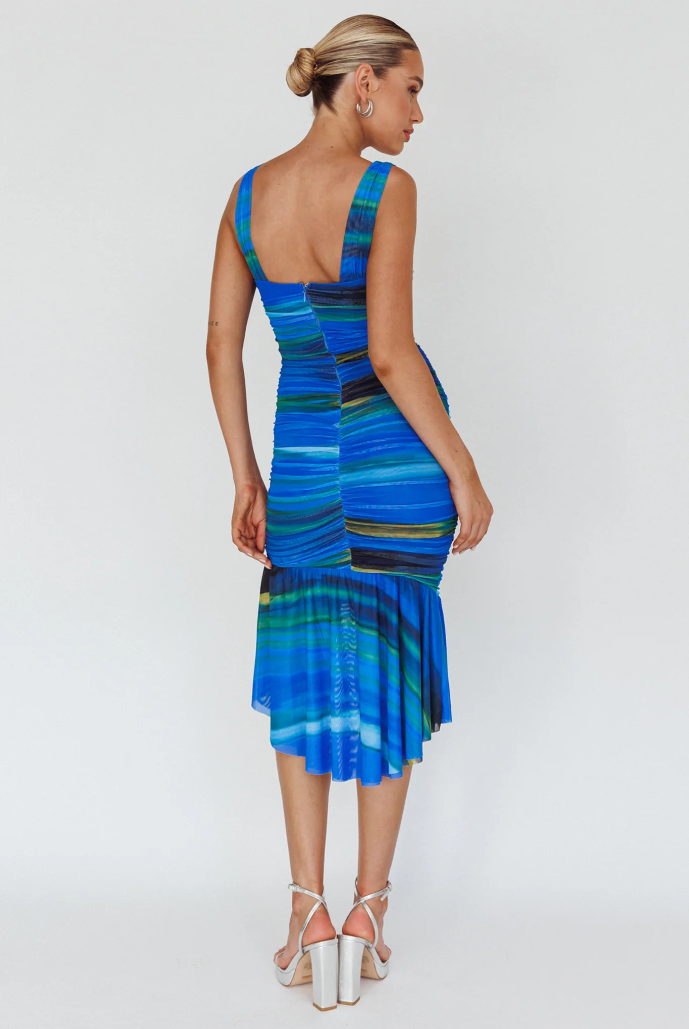Nadia Ruched Fishtail Midi Dress Print Blue - Sonourner