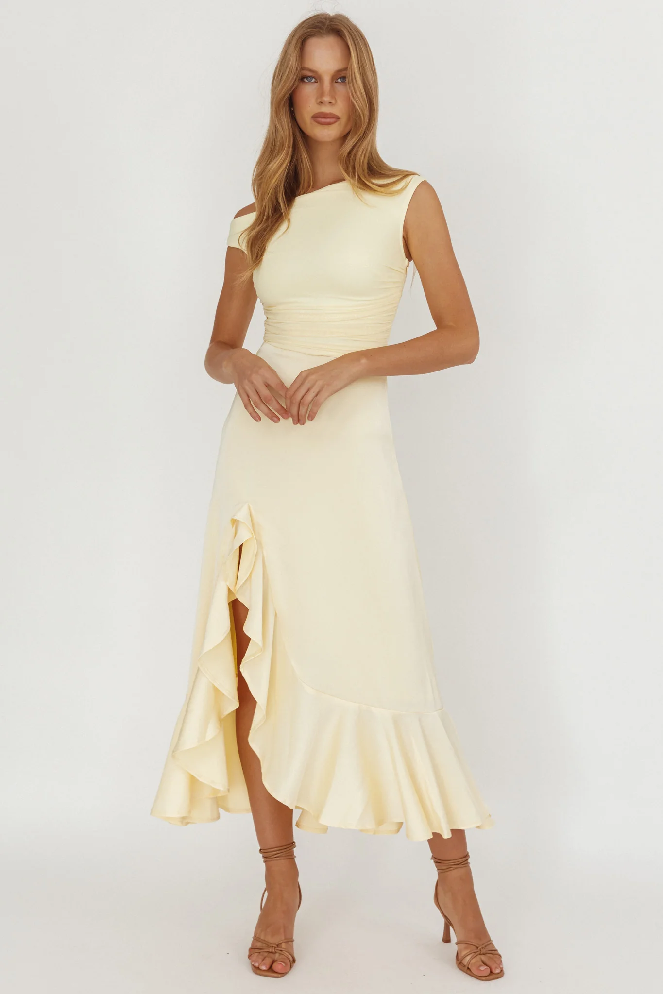 Moonlit Magic Asymmetric Neckline Satin Ruffle Dress Butter - Sonourner