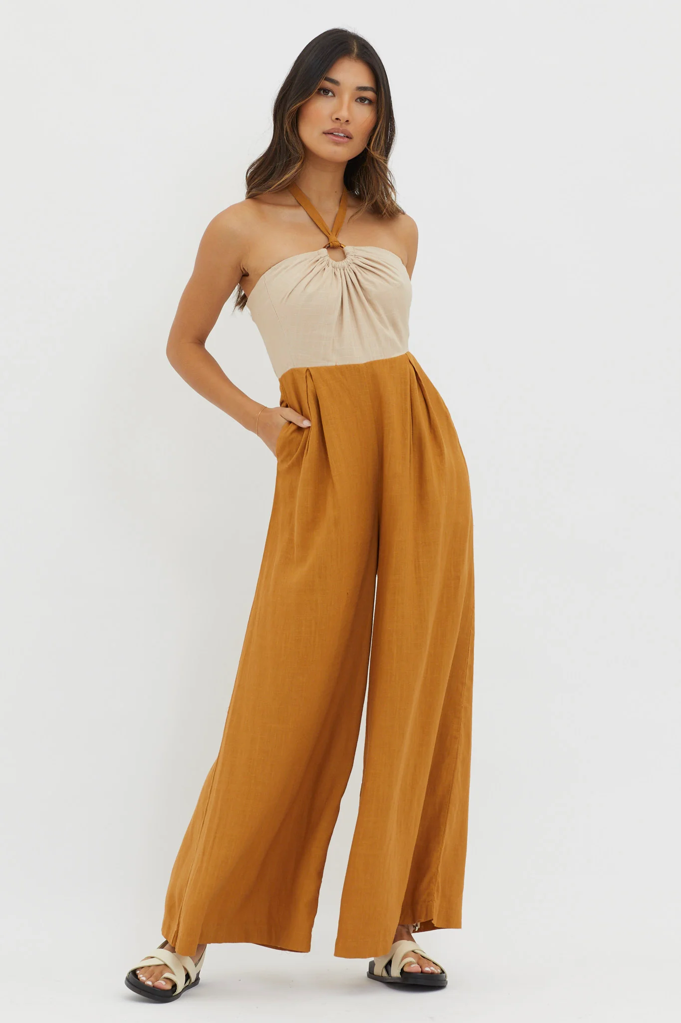 Maryn Wide Leg Halterneck Jumpsuit Mocha - Sonourner
