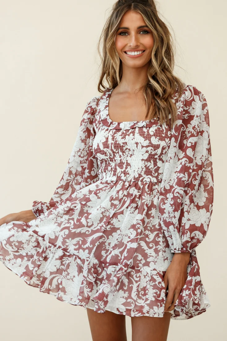 Athaliah Shirred Bust Balloon Sleeve Dress Ornate Print Maroon - Sonourner