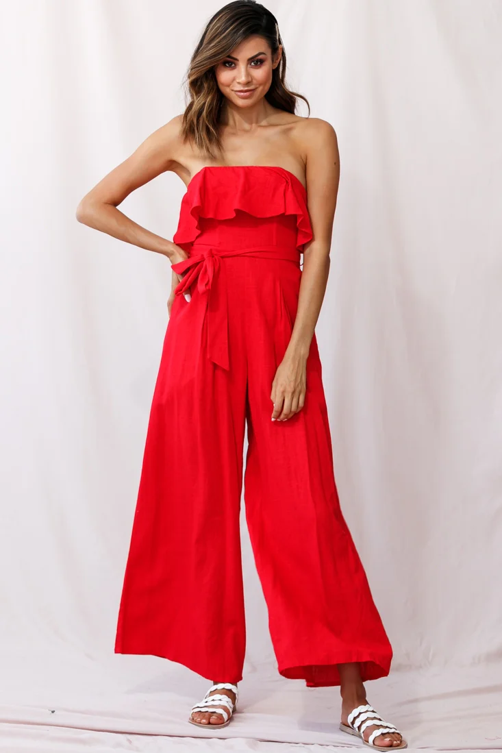Hamilton Bandeau Ruffle Wide Leg Jumpsuit Red - Sonourner