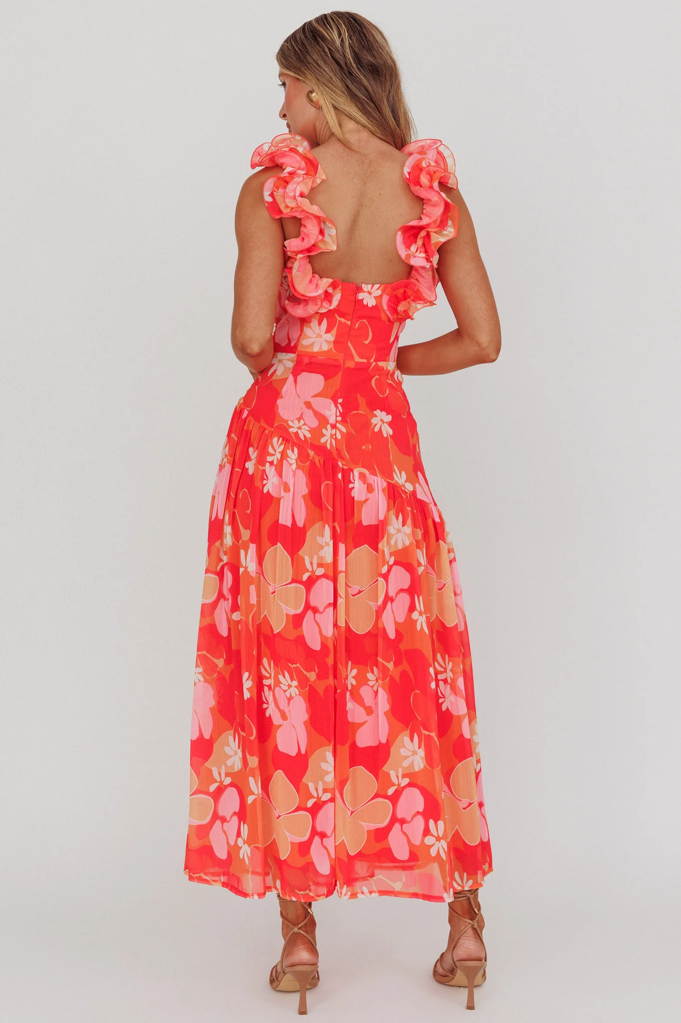 Kinley Ruffle Strap Maxi Dress Floral Orange - Sonourner
