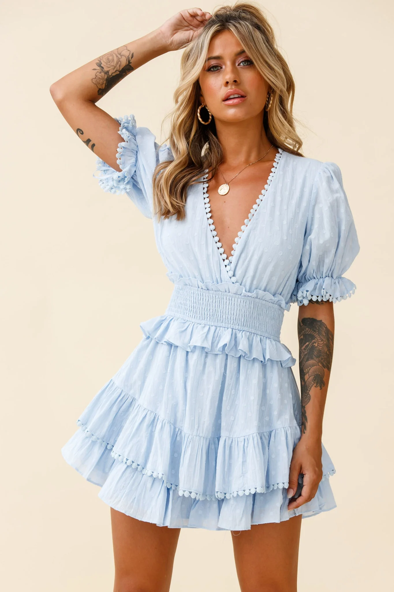 Nerissa Puff Sleeve Shirred Waist Dress Spotty Blue - Sonourner