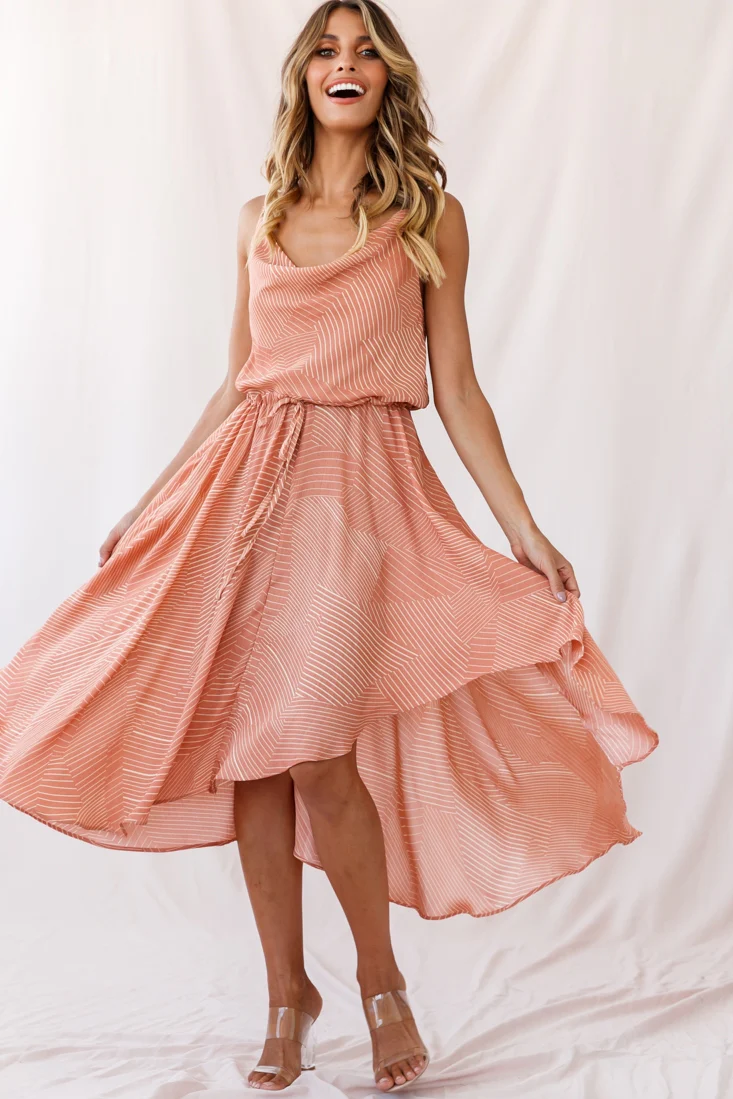 Ava Cowl Neck Drawstring Midi Dress Line Print Nude - Sonourner