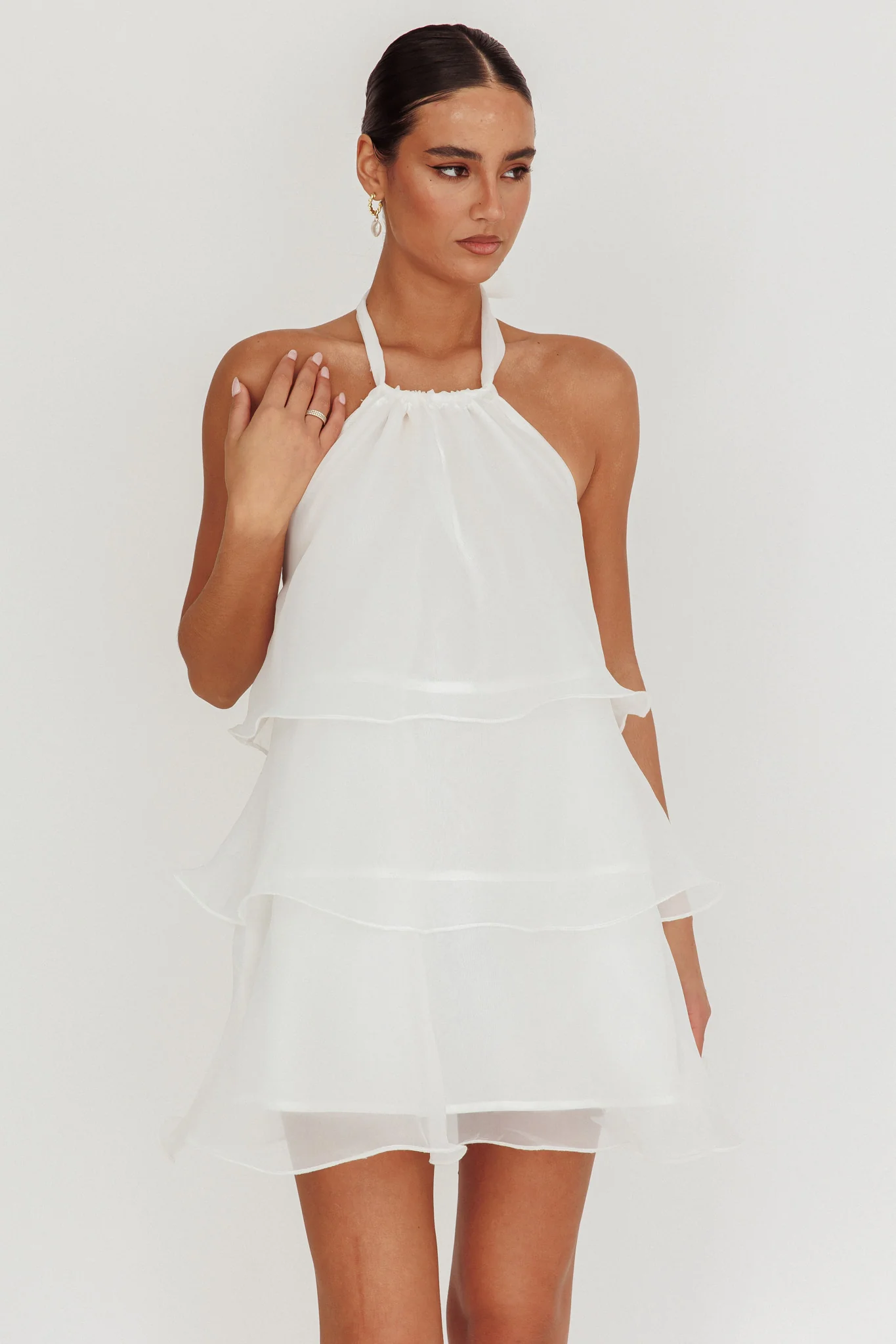 Tulips Tiered Halterneck Mini Dress White - Sonourner