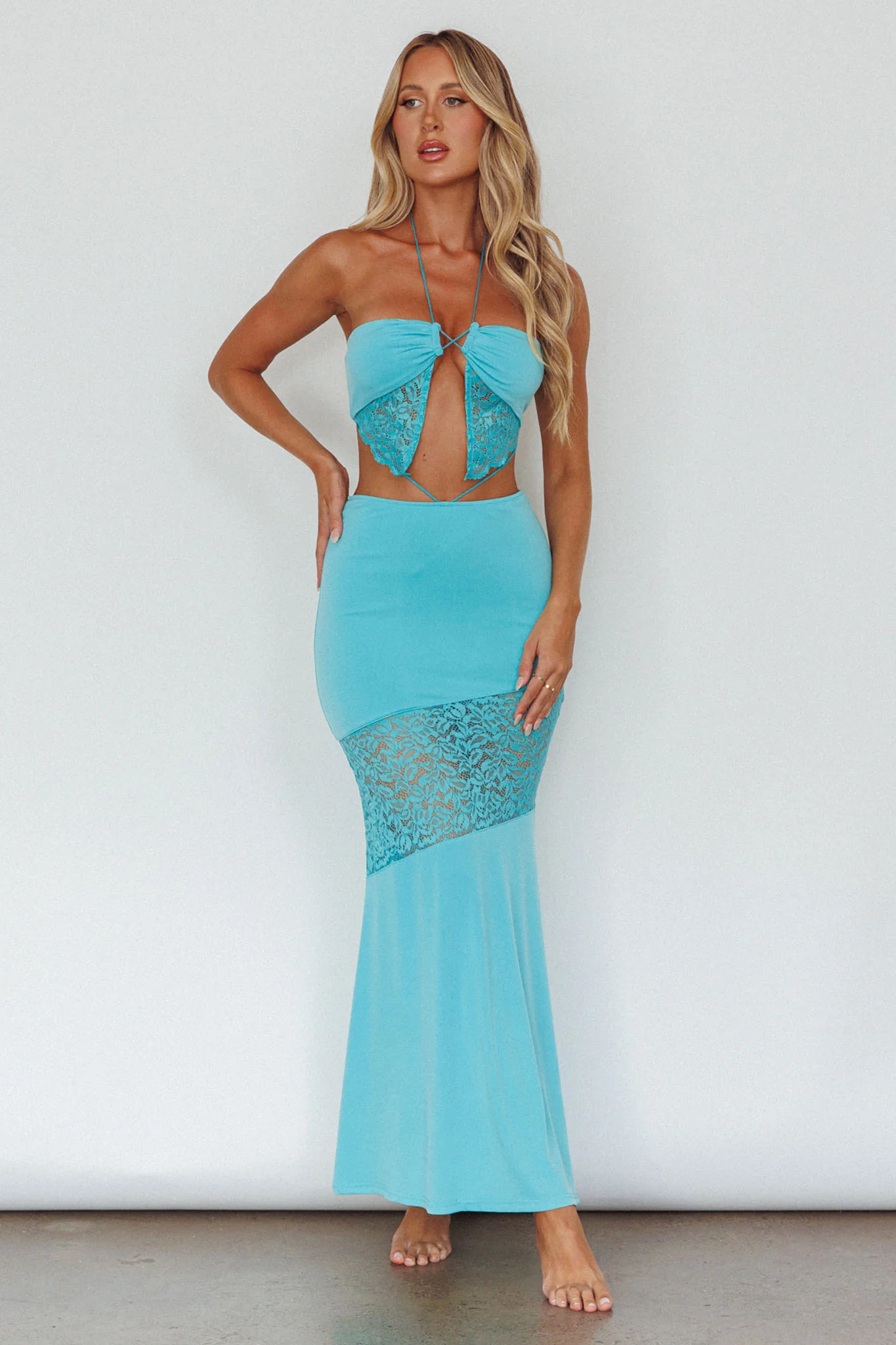 Florida Lace Insert Cut-Out Maxi Dress Blue - Sonourner