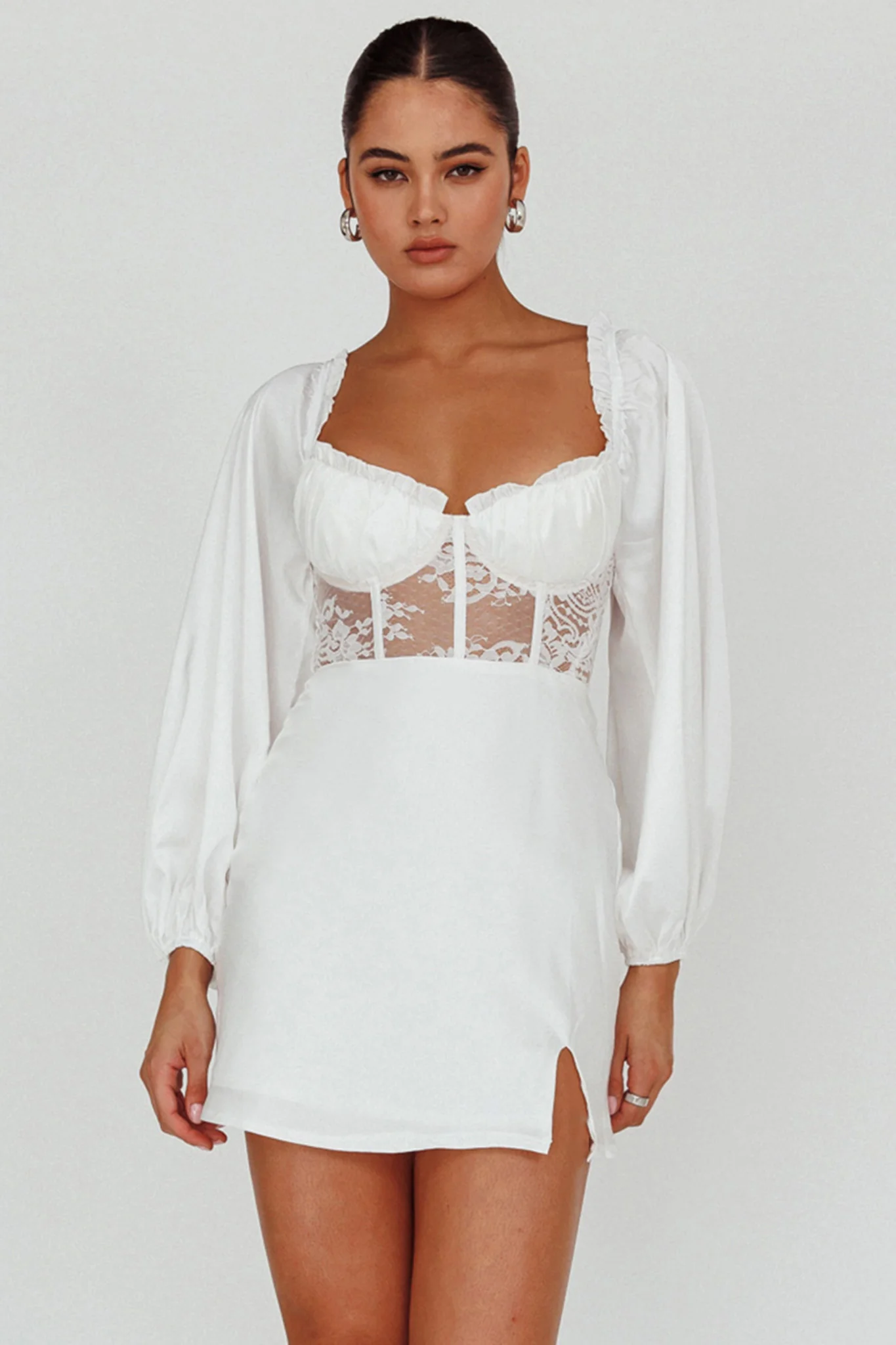 Trophy Long Sleeve Lace Bodice Mini Dress White - Sonourner