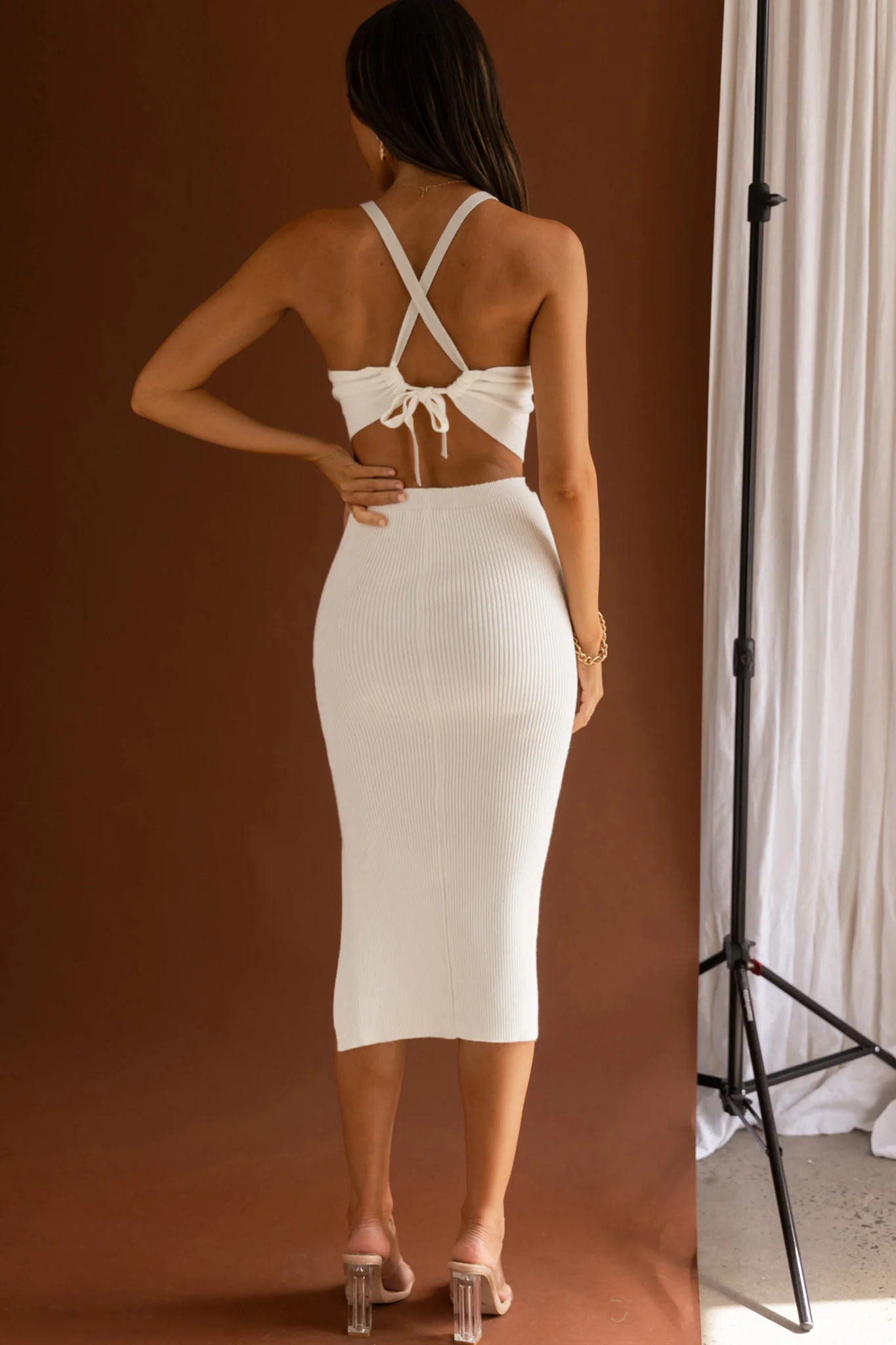 Mayfair Tie-Up Back Thigh Split Knit Midi Dress White - Sonourner