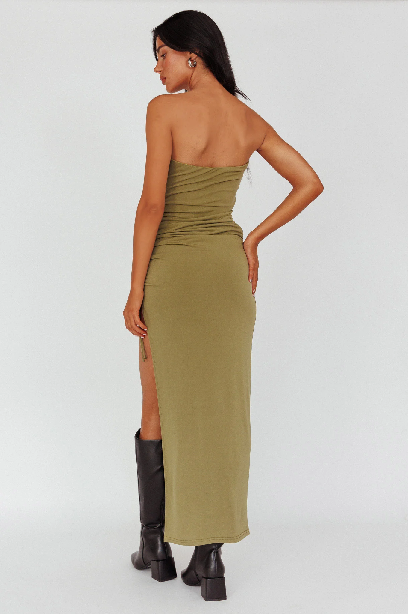 Affections Drawstring Ruched Split Maxi Dress Khaki - Sonourner