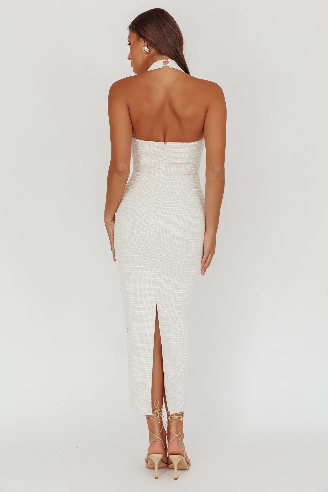 She Is Button Front Halter Midi Dress Tweed White - Sonourner