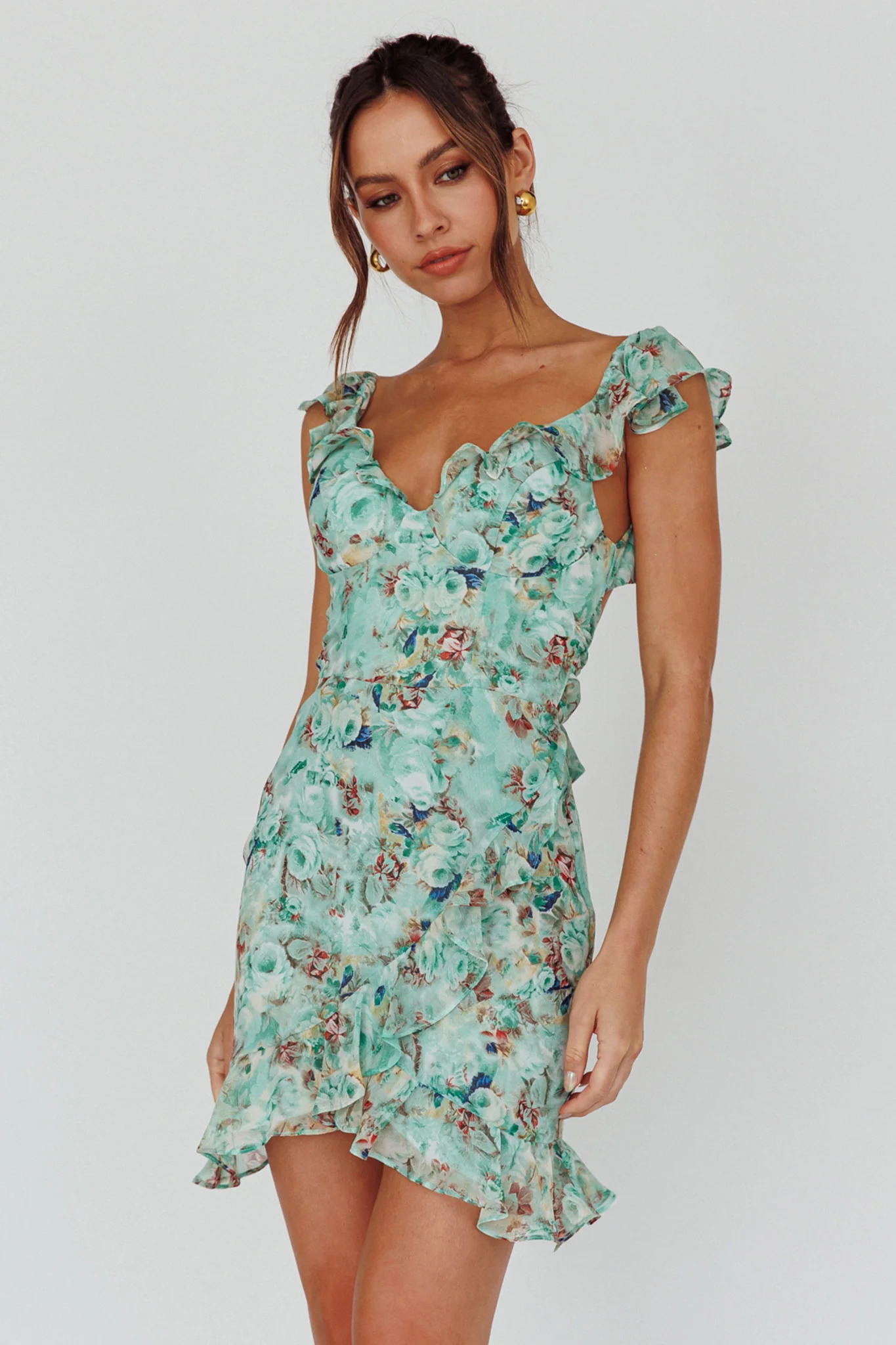 Make Memories Frill Strap Mini Dress Floral Mint - Sonourner