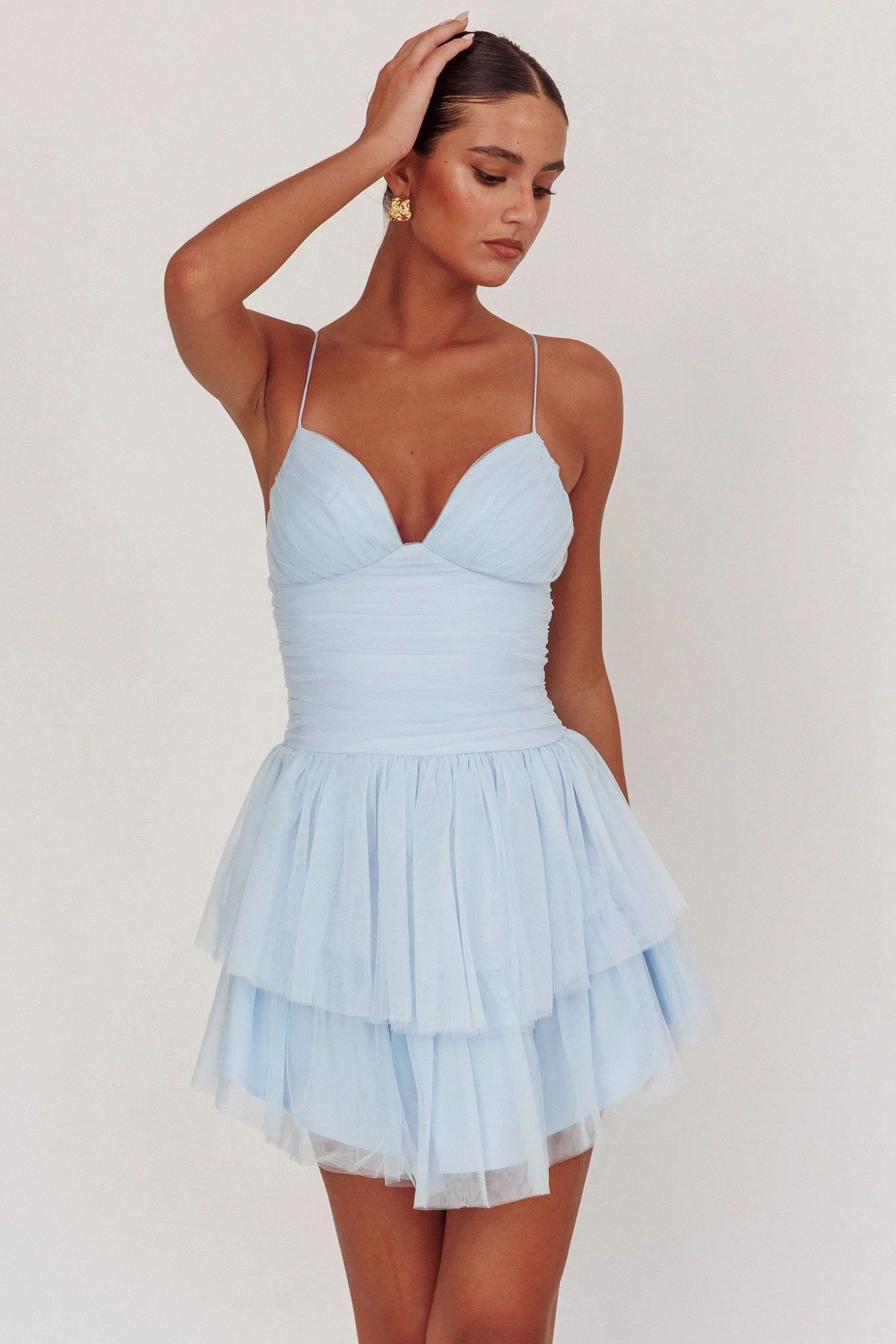 Nightingale Ruched Mesh Mini Dress Baby Blue - Sonourner