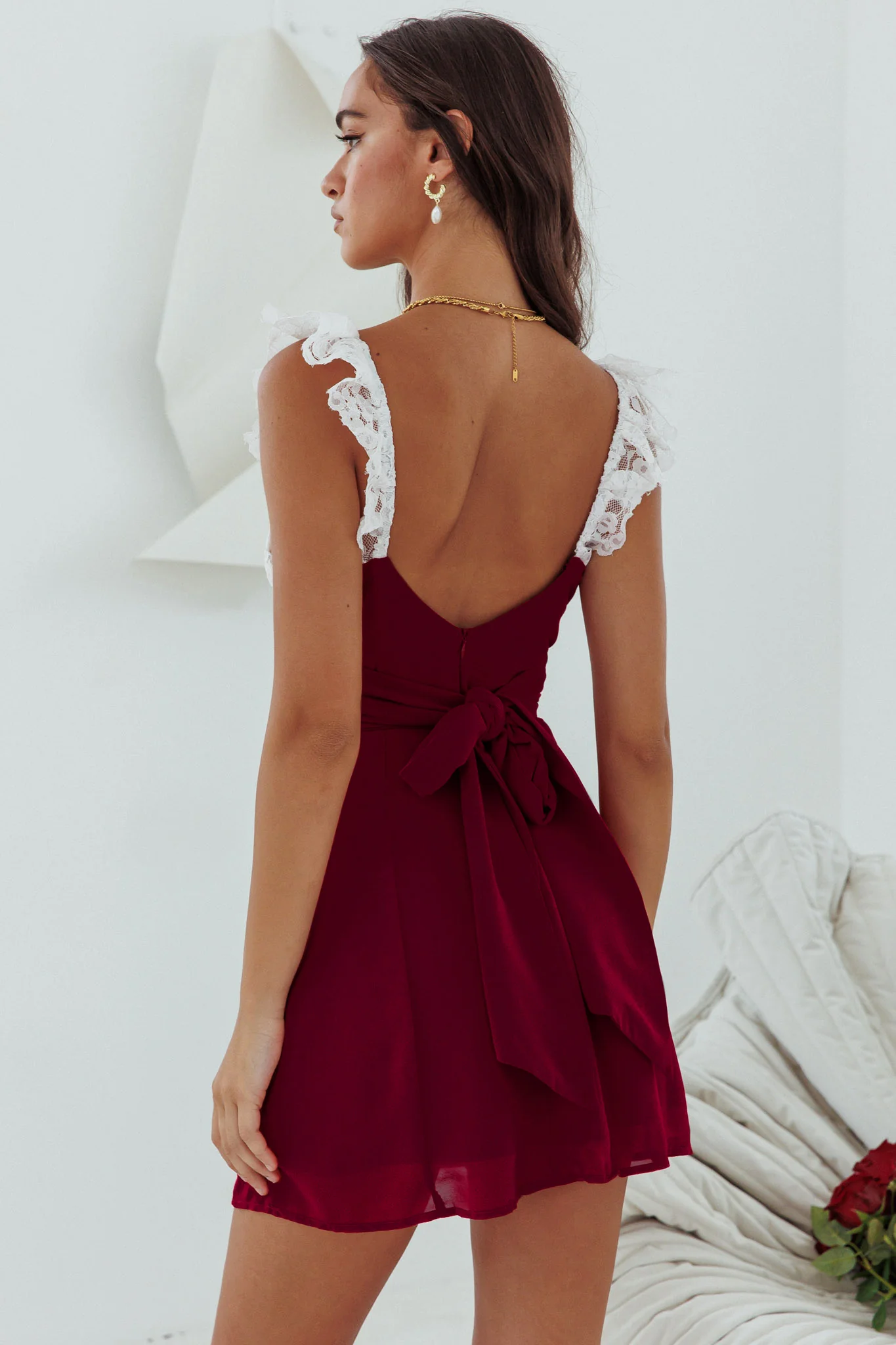 Lakyn Lace Bust Tied Back Mini Dress Wine - Sonourner