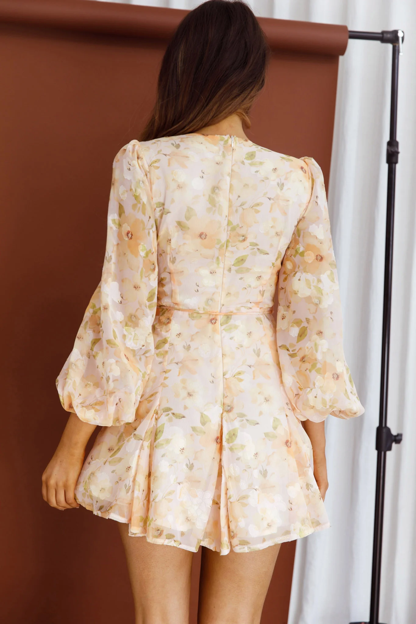 Estelle Long Sleeve V-Neckline Dress Watercolor Floral Print Peach - Sonourner