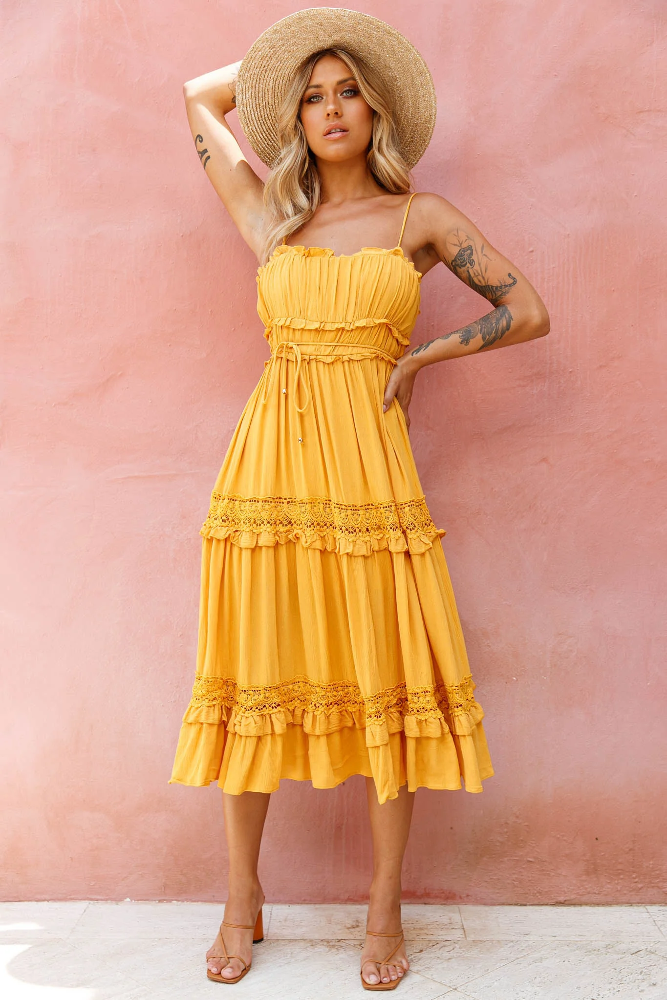 Meet You There Crochet & Frill Trim Detail Midi Dress Mustard - Sonourner