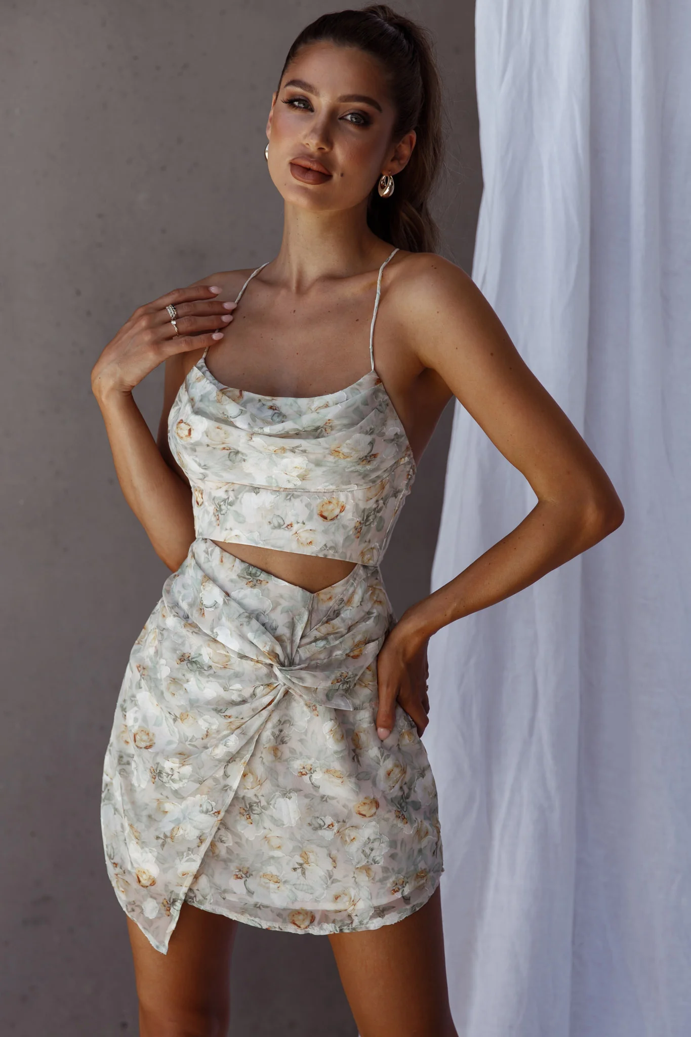 Miami Nights Cowl Neckline Twist Feature Mini Dress Floral Green - Sonourner