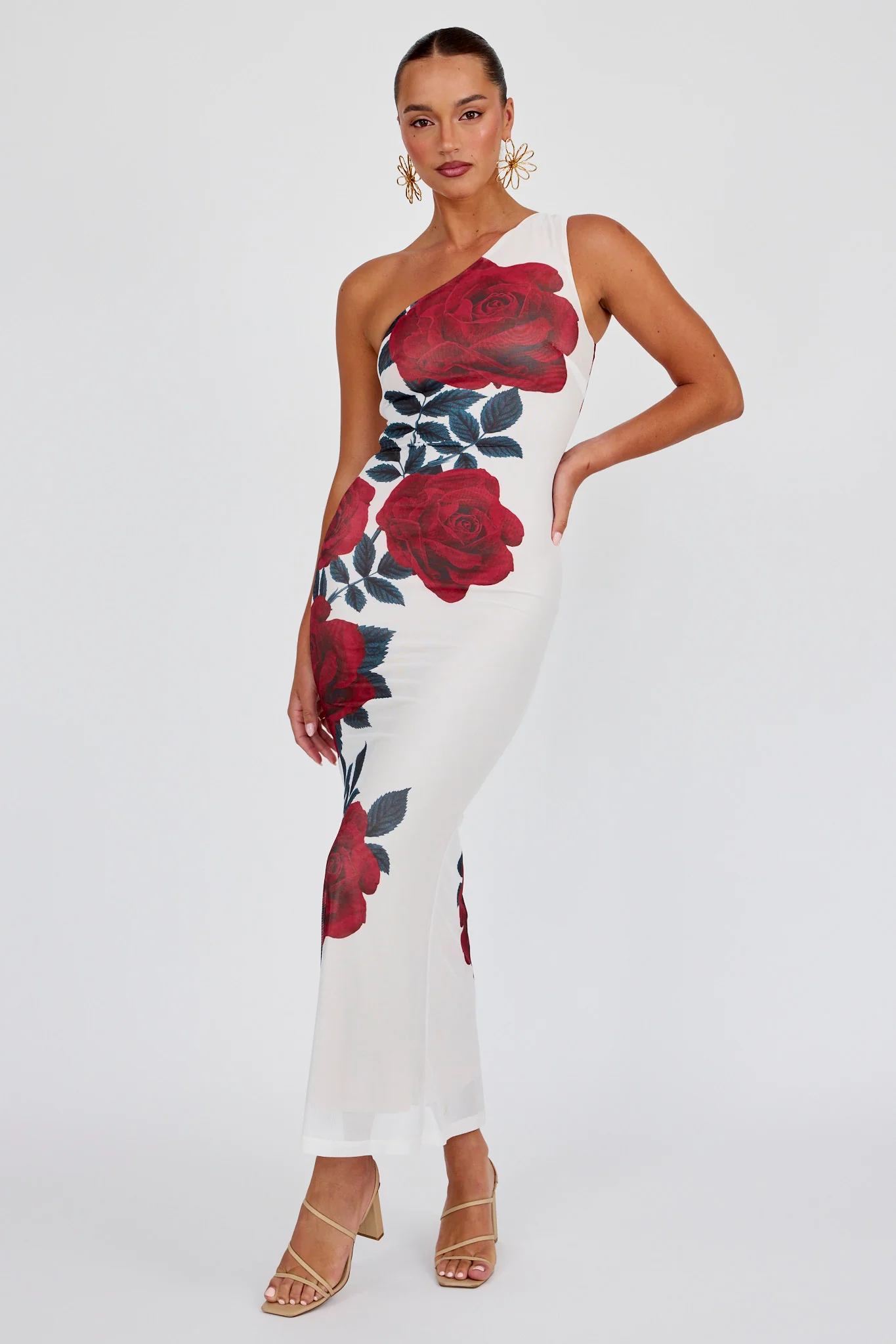 Desiree One Shoulder Mesh Maxi Dres Rose - Sonourner