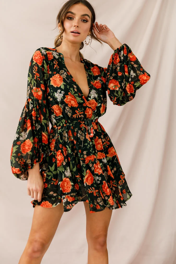 Annalise Long Sleeve Drawstring Dress Green/Orange - Sonourner