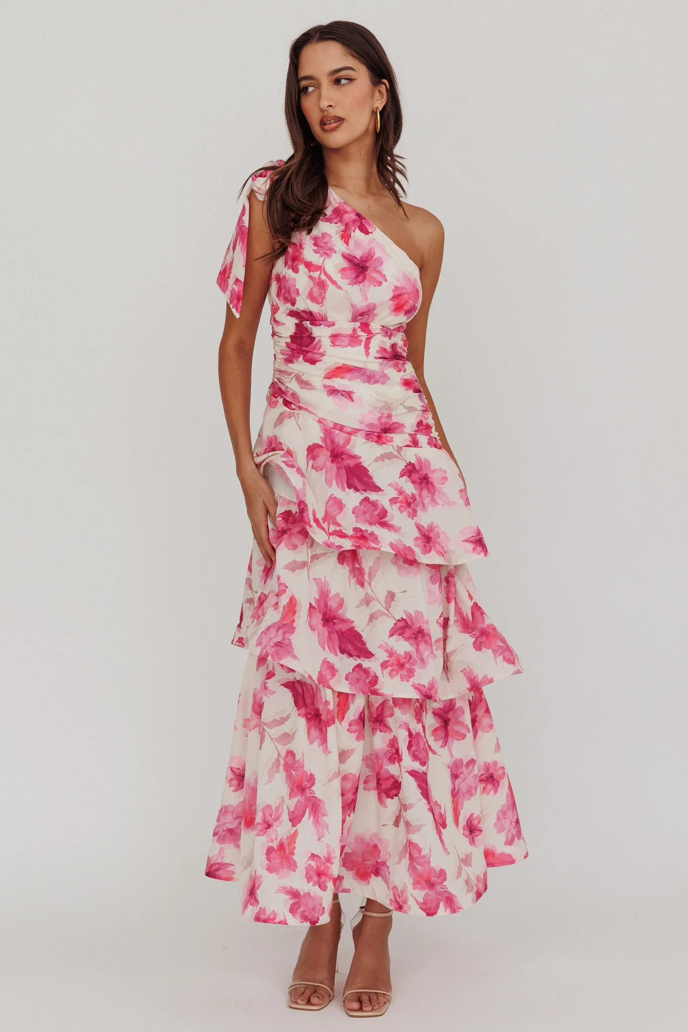 Kenny One Shoulder Tiered Floral Maxi Dress Pink - Sonourner