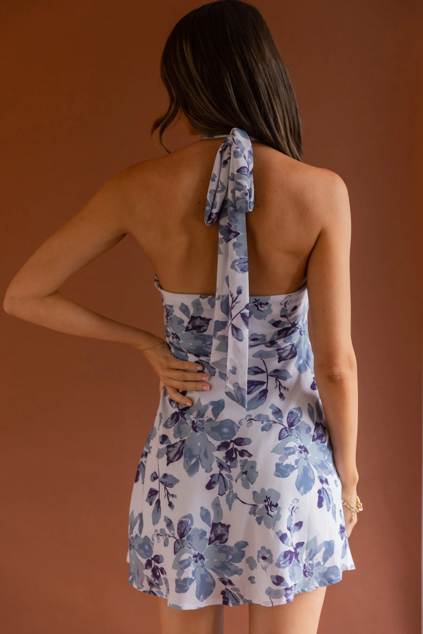 Champagne Showers Halterneck Slip Mini Dress Watercolor Floral Print Grey - Sonourner