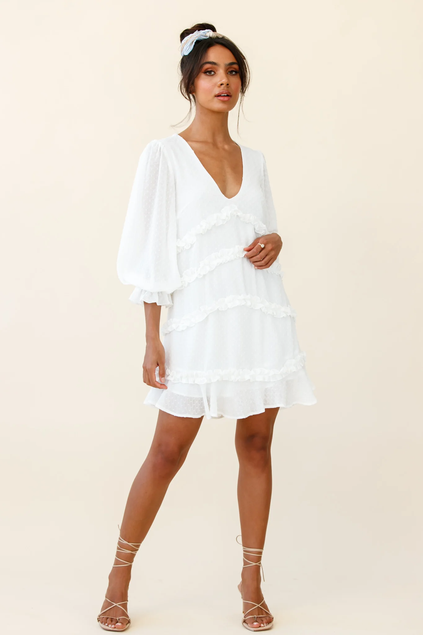Tabitha Balloon Sleeve Loose Fit Frill Detail Dress White - Sonourner