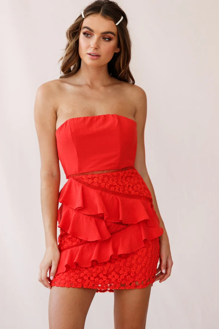 Aramis Strapless Lace & Ruffle Detail Dress Red - Sonourner