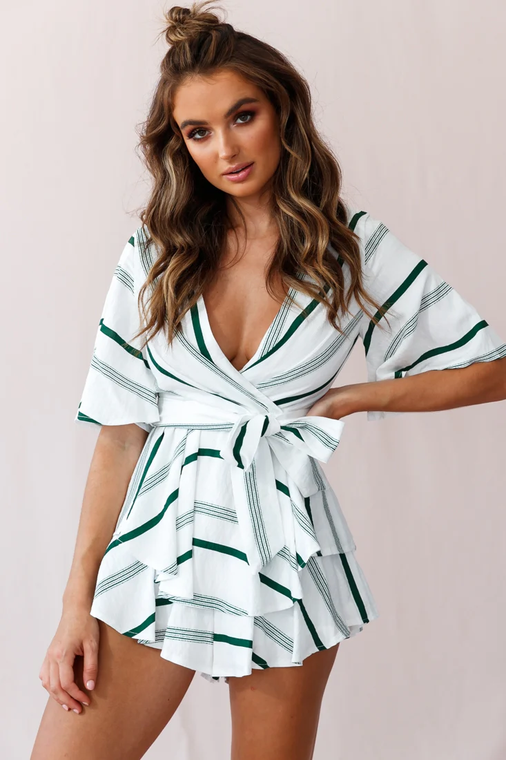 Happy Hour Deep V-Neckline Open Back Romper Green - Sonourner