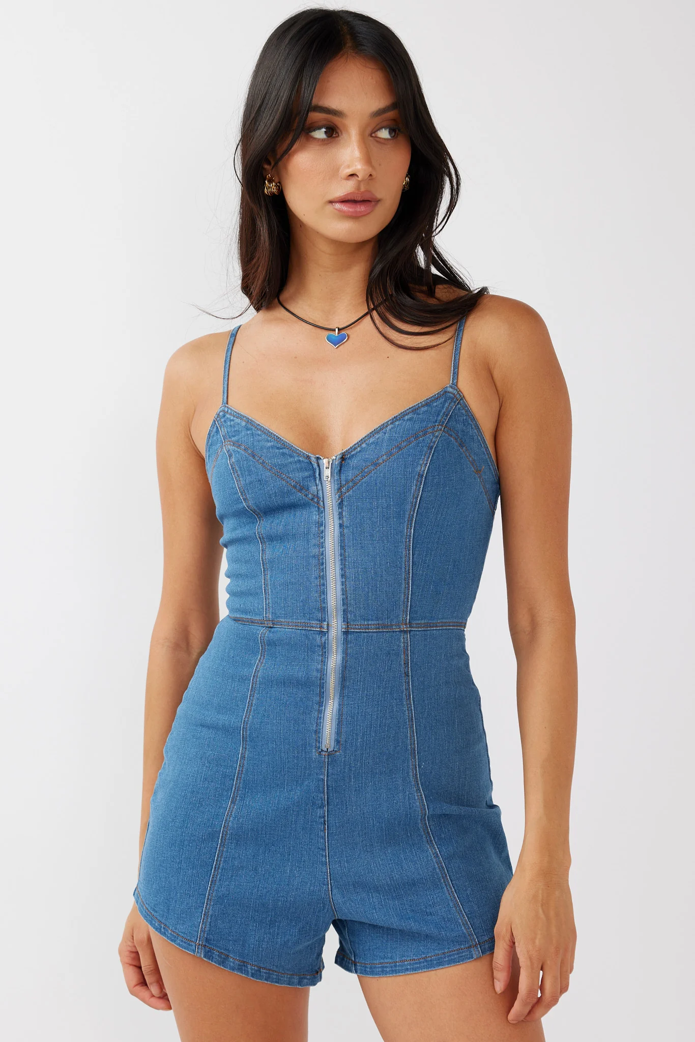 Lyric Cami Strap Zipper Front Romper Dark Blue - Sonourner