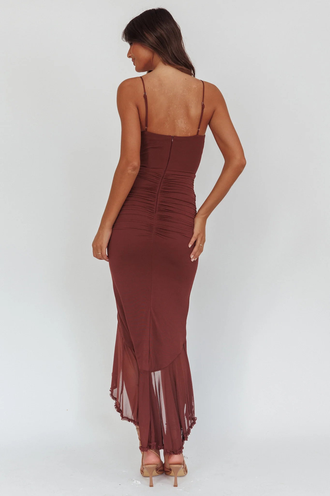 Kamilah Gathered Cascading Ruffle Midi Dress Maroon - Sonourner