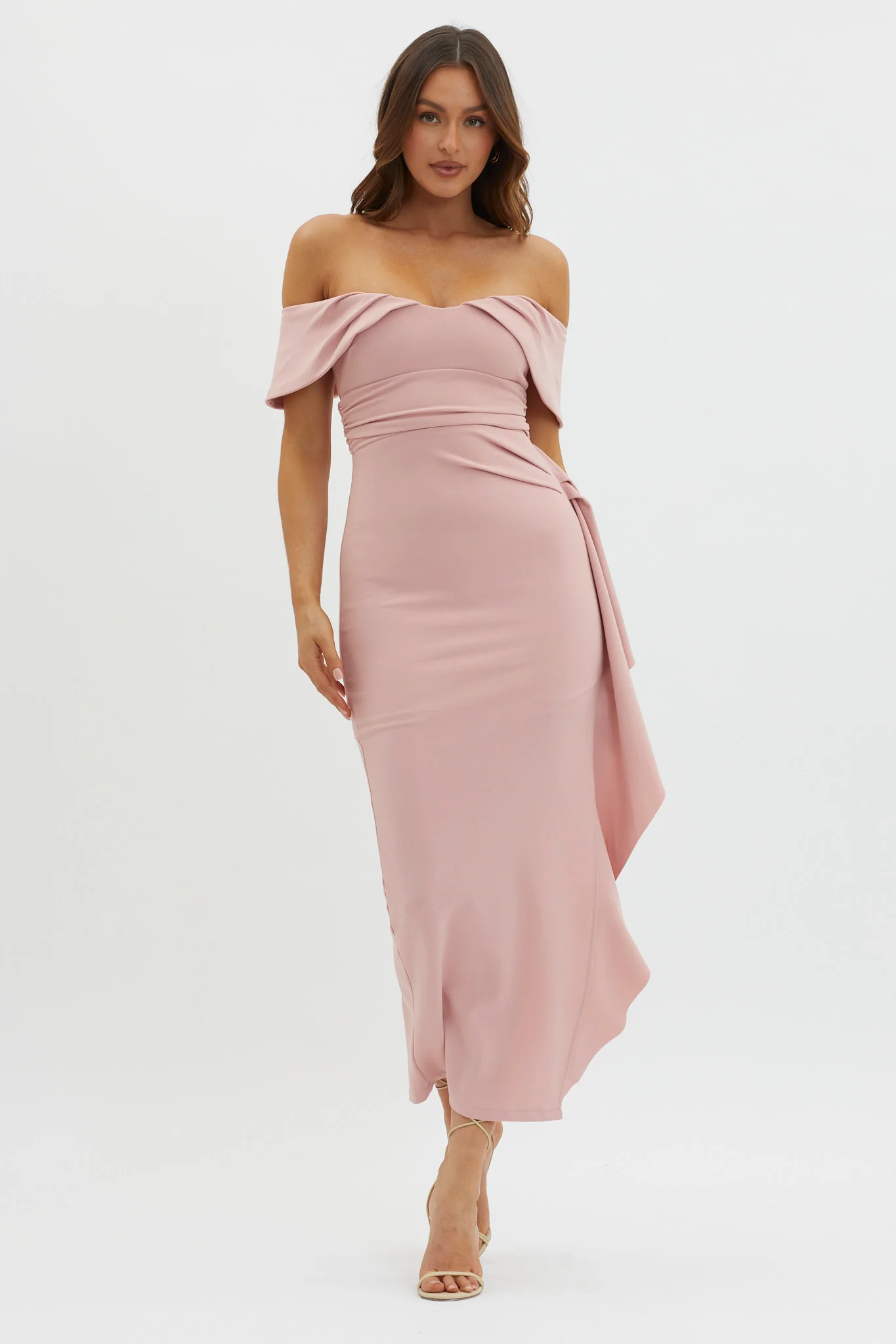 Lillianne Off-Shoulder Side Ruffle Maxi Dress Blush - Sonourner