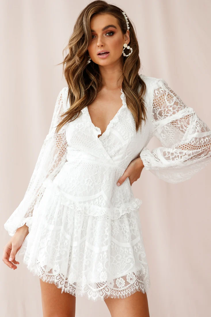 Albany Lace Up Back Frill Dress White - Sonourner