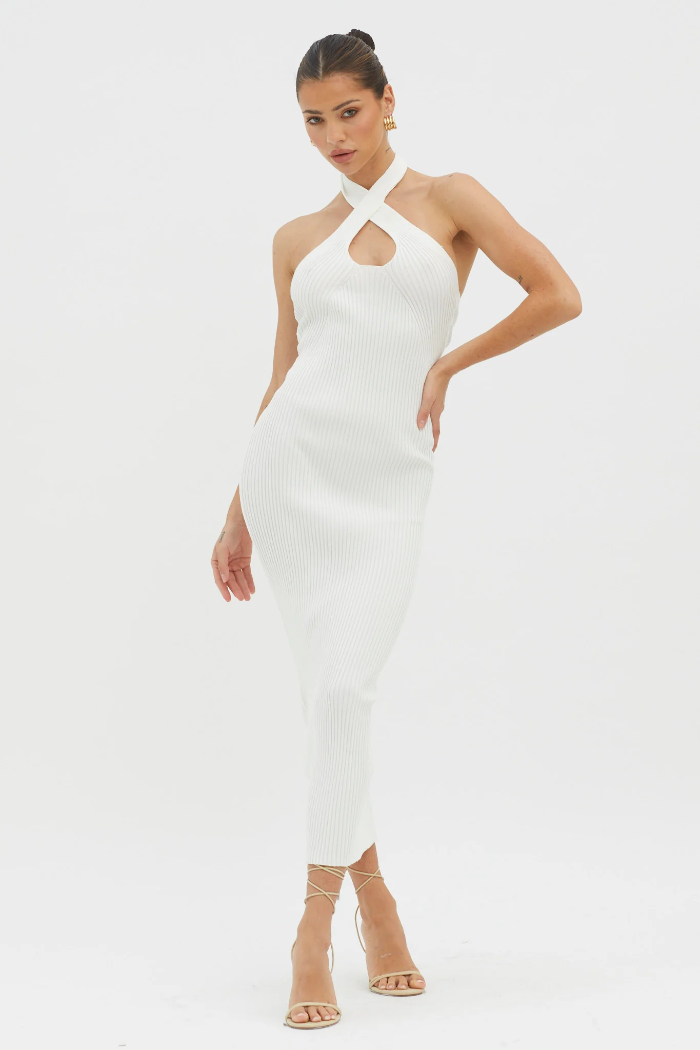 Lovelock Halterneck Ribbed Knit Midi Dress White - Sonourner