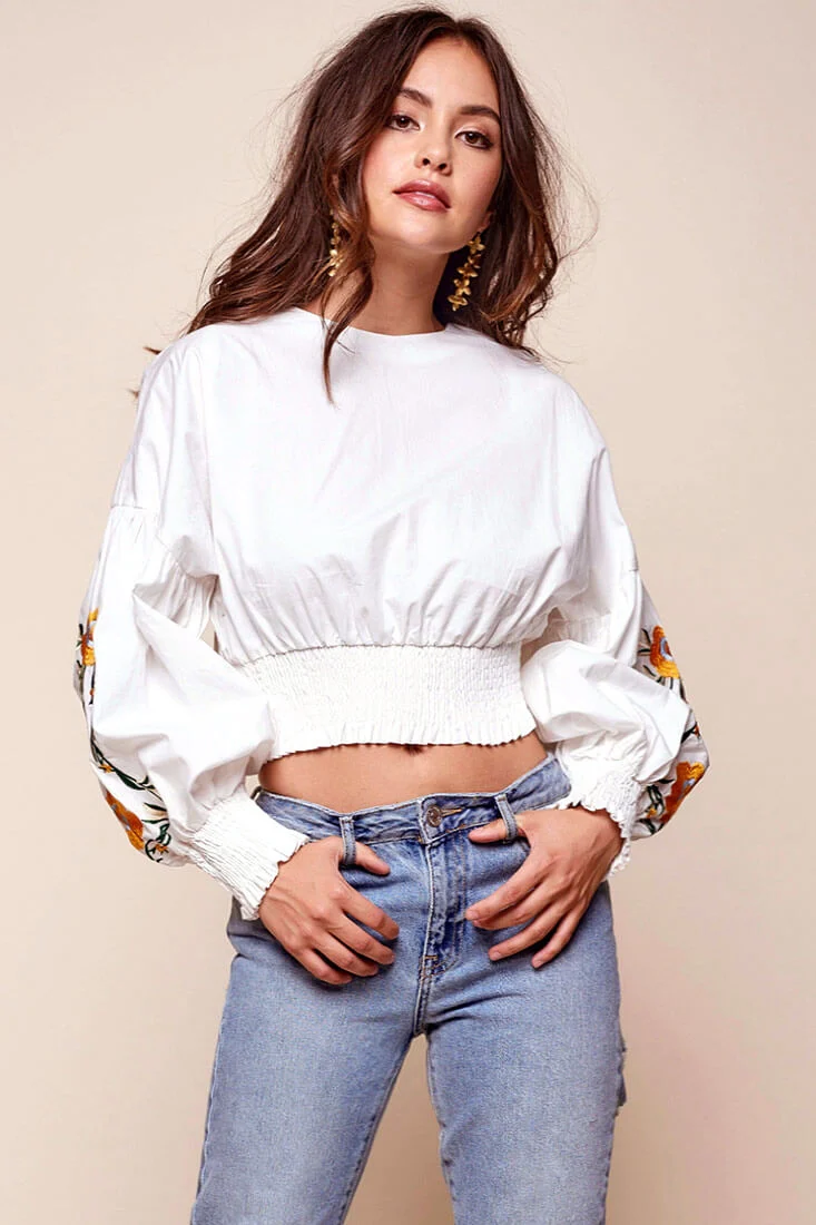 Halle Floral Puff Sleeved Cropped Top White - Sonourner