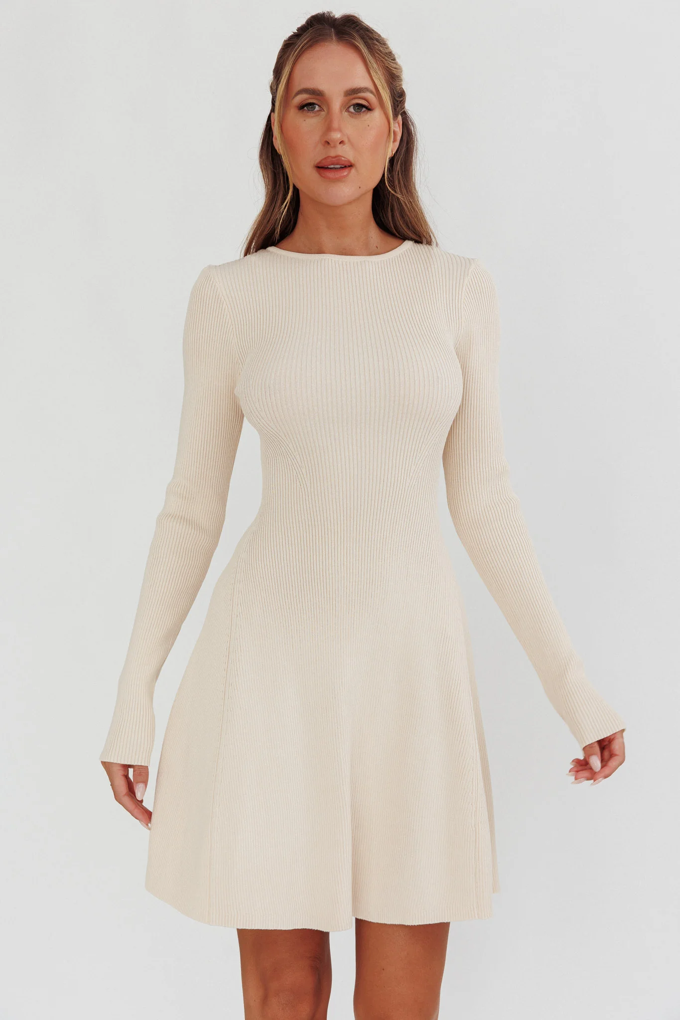 Intuitions Long Sleeve Ribbed Knit Dress Cream - Sonourner
