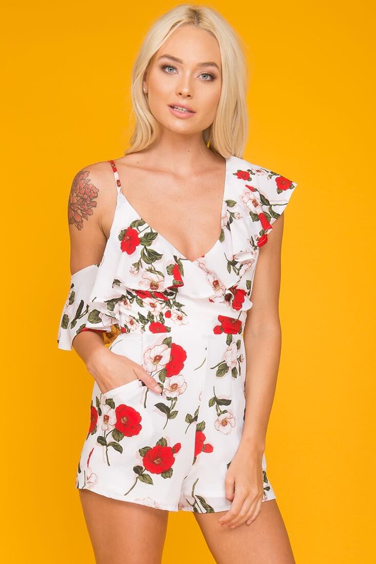 Daleyza Ruffled Floral Romper White & Red - Sonourner