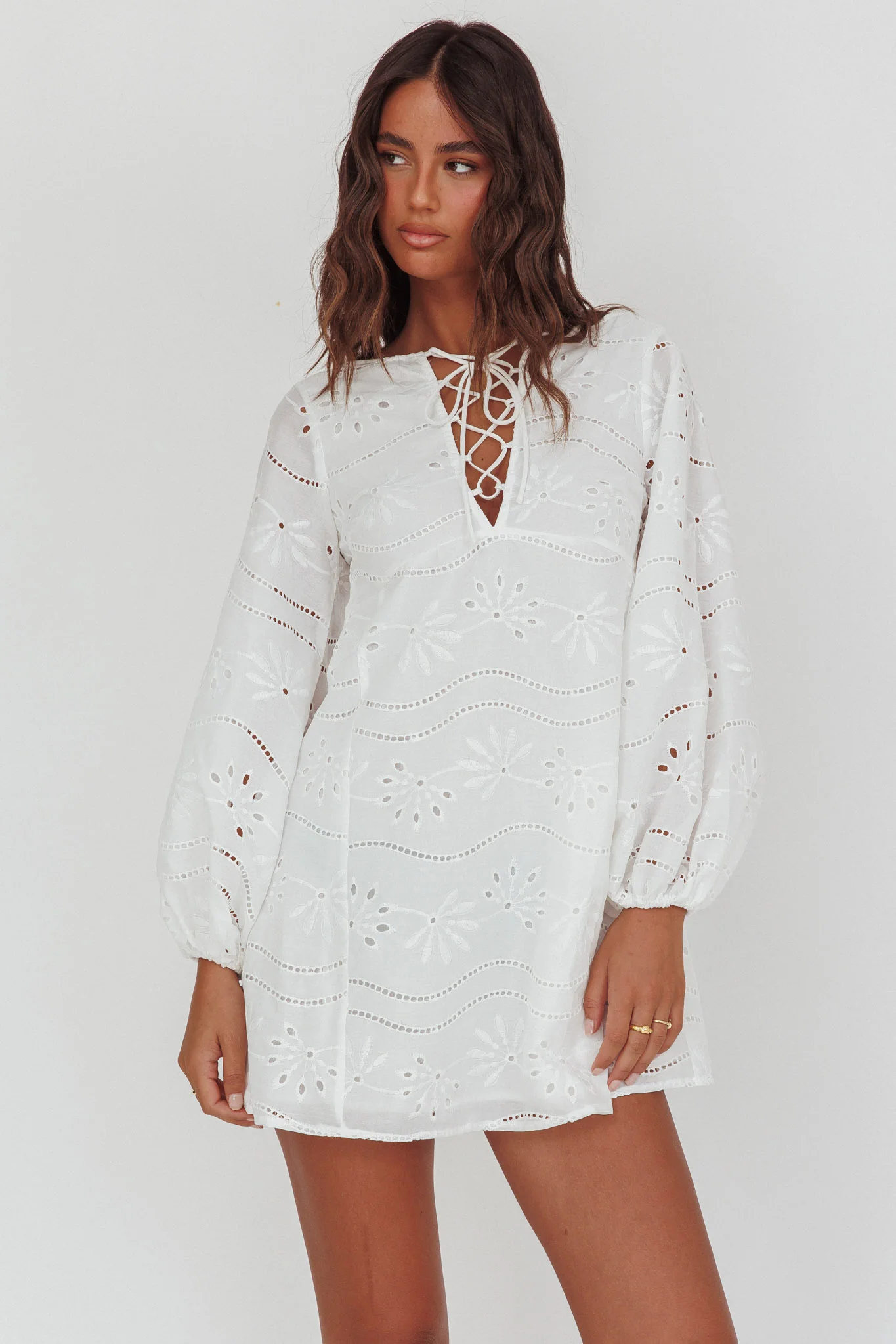 Long Weekend Eyelet Mini Dress White - Sonourner