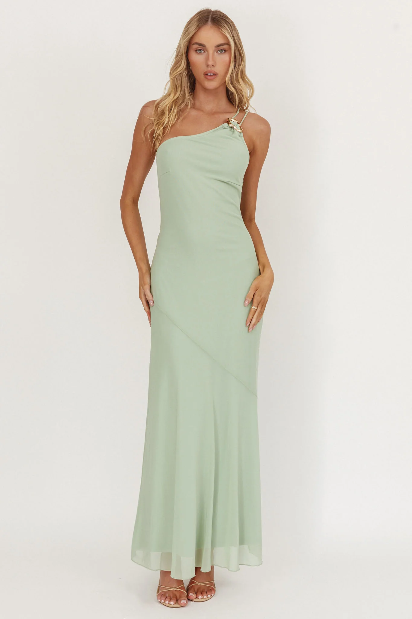 We Belong Together One-Shoulder Buckle Maxi Dress Mint - Sonourner