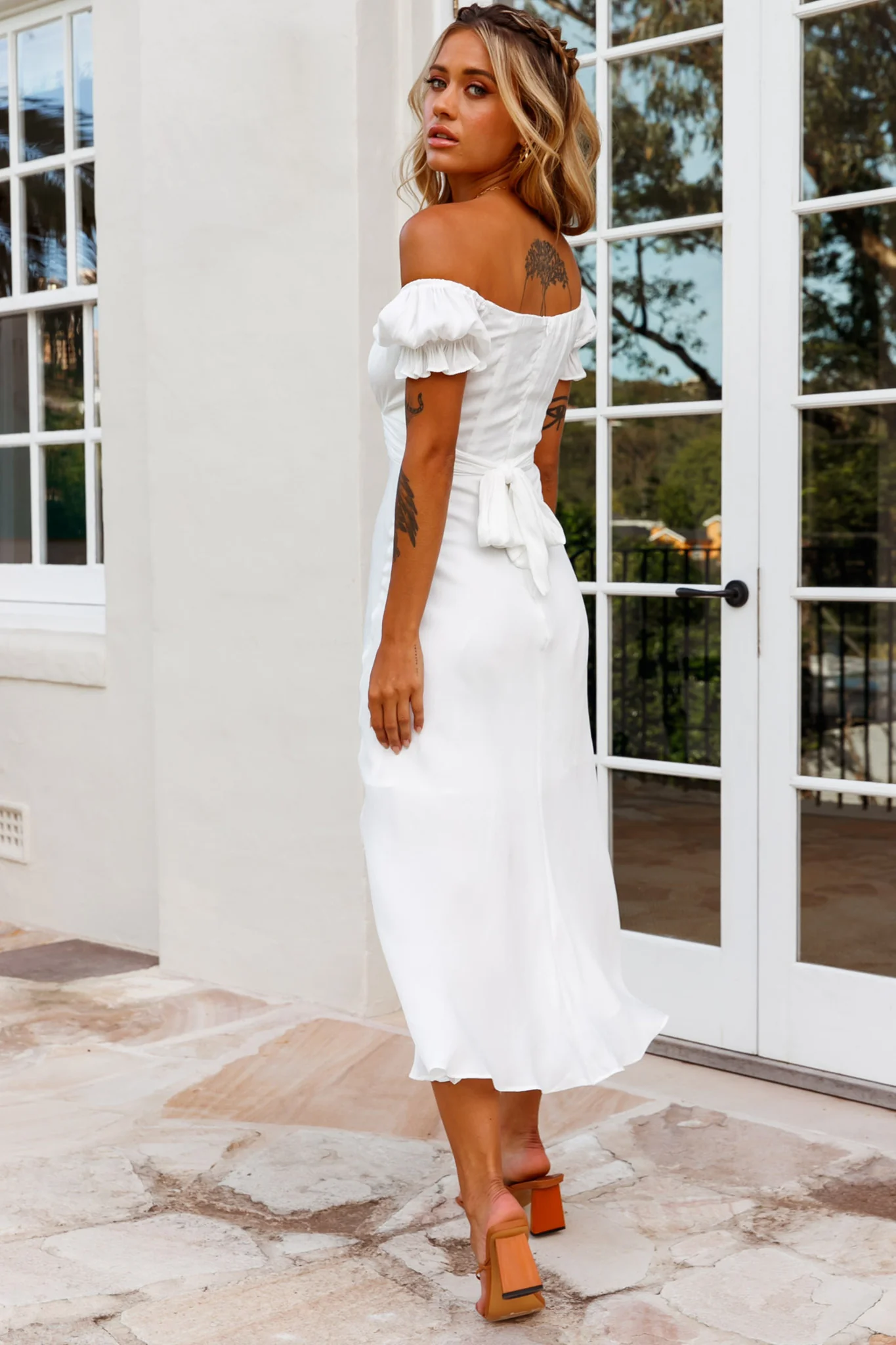 Linka Off-Shoulder Tie Back Midi Dress White - Sonourner