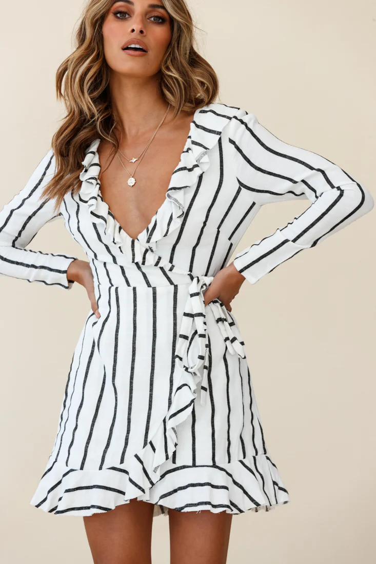 Beatrice Faux Wrap Ruffle Trim Raw Edge Dress White/Black Stripe - Sonourner