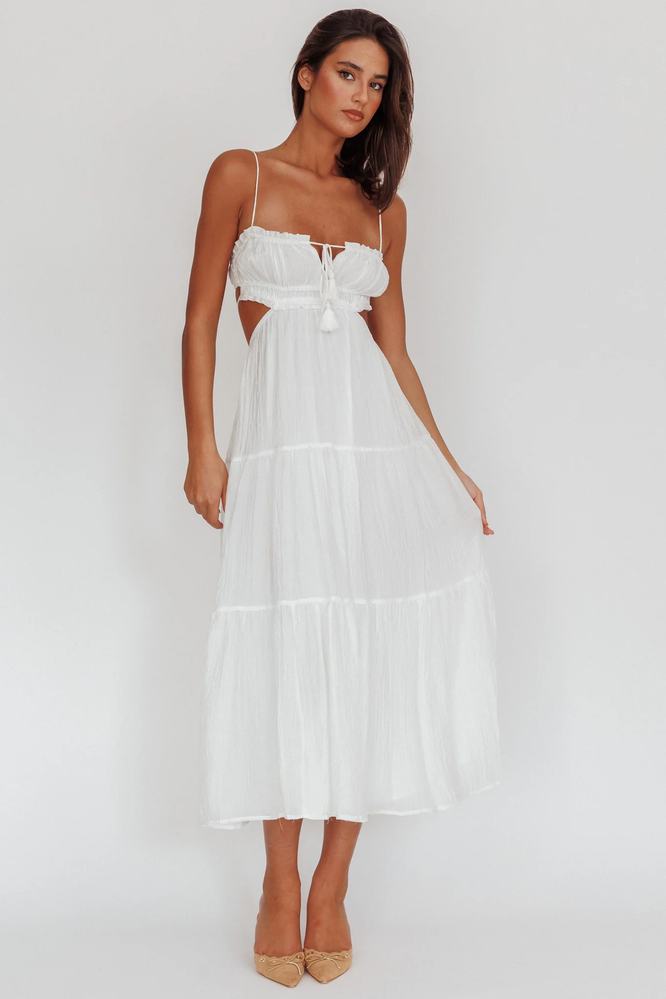 Eyona Cut-Out Waist Tie Maxi Dress White - Sonourner