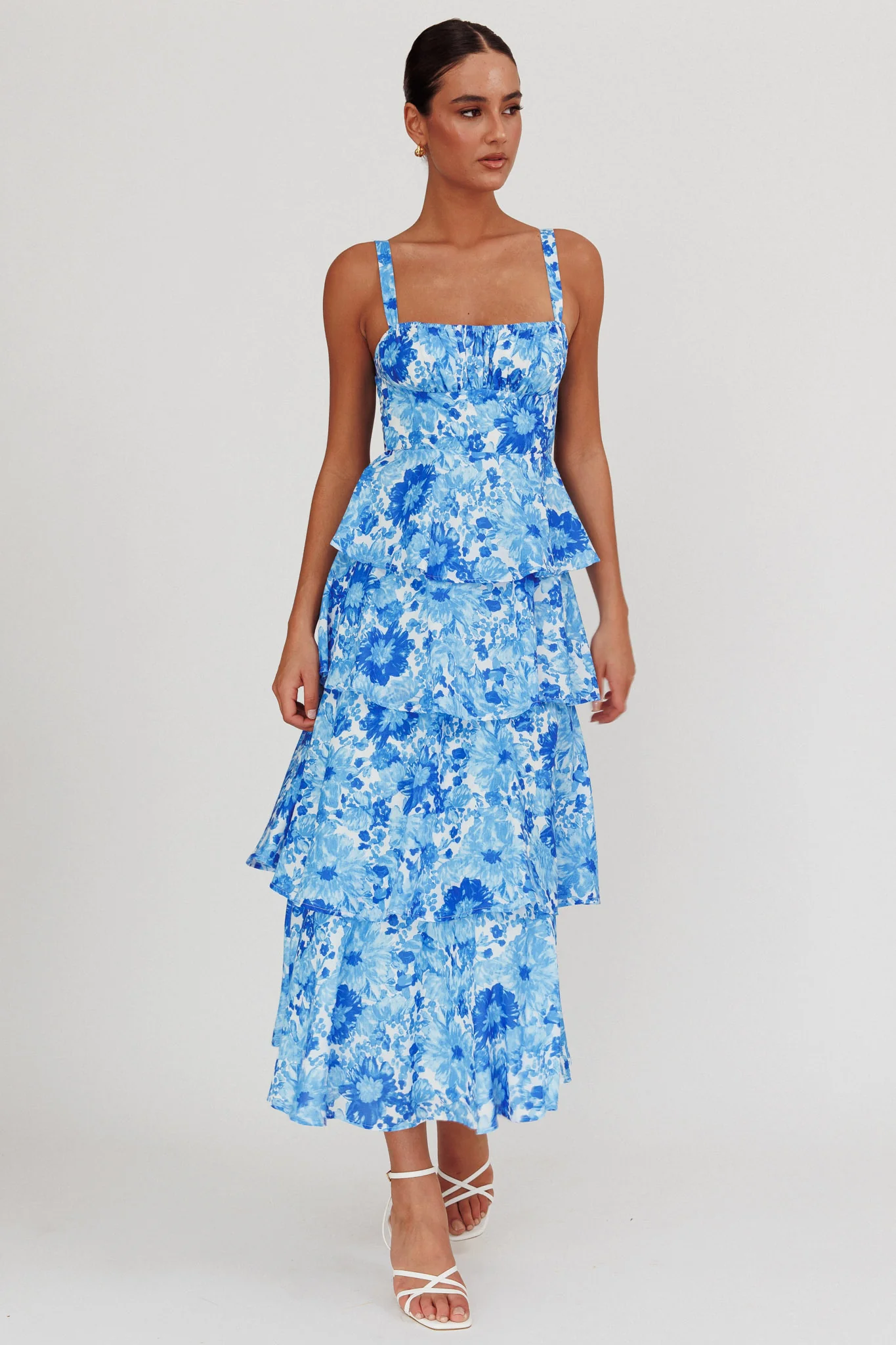 Provence Bloom Tiered Floral Maxi Dress Blue - Sonourner