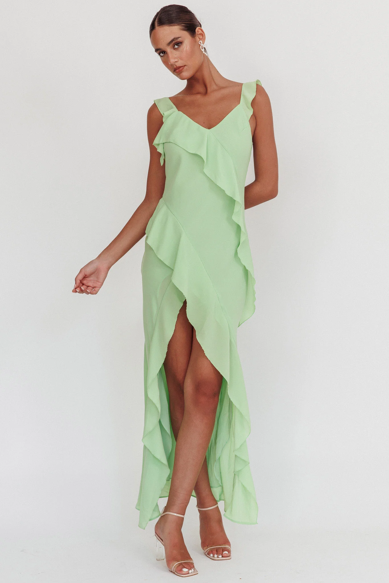 Johannson Ruffle Trim Maxi Dress Pistachio - Sonourner