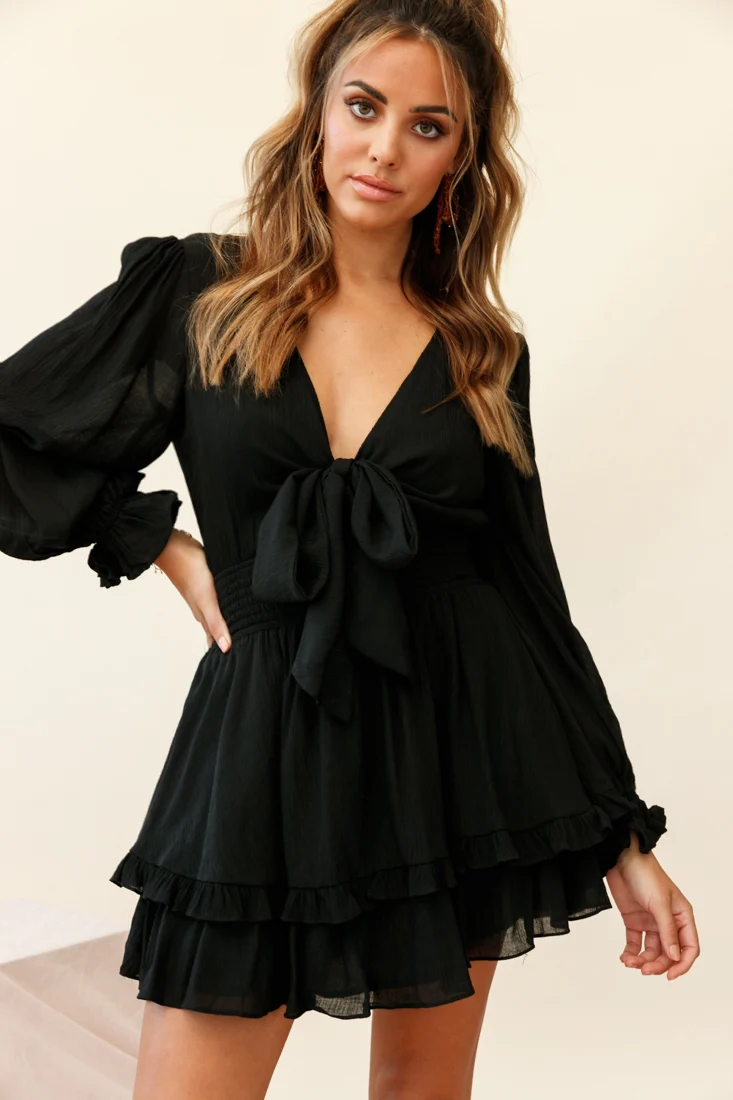 Anthea Bow-Tie Front Layered Frill Dress Black - Sonourner